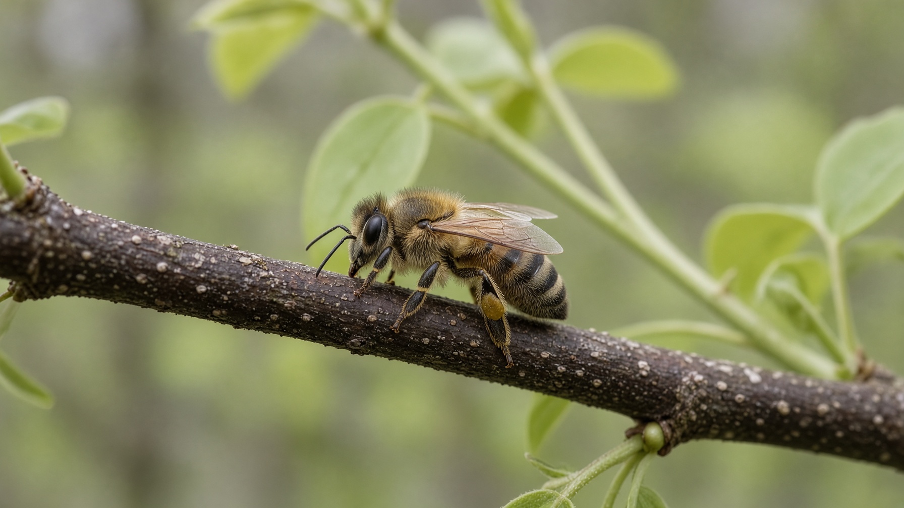 A single honeybee at rest on a dark branch, in pale spring light.