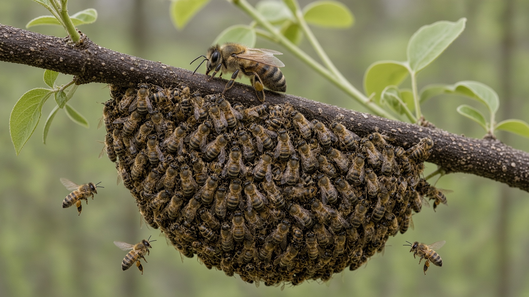 The same branch later in the light, crowded with a living swarm of honeybees. A few bees are in flight.
